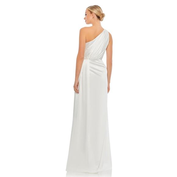 NWT Mac Duggal Sz 2 White Gathered One Shoulder Satin Faux Wrap Gown - Picture 2 of 5
